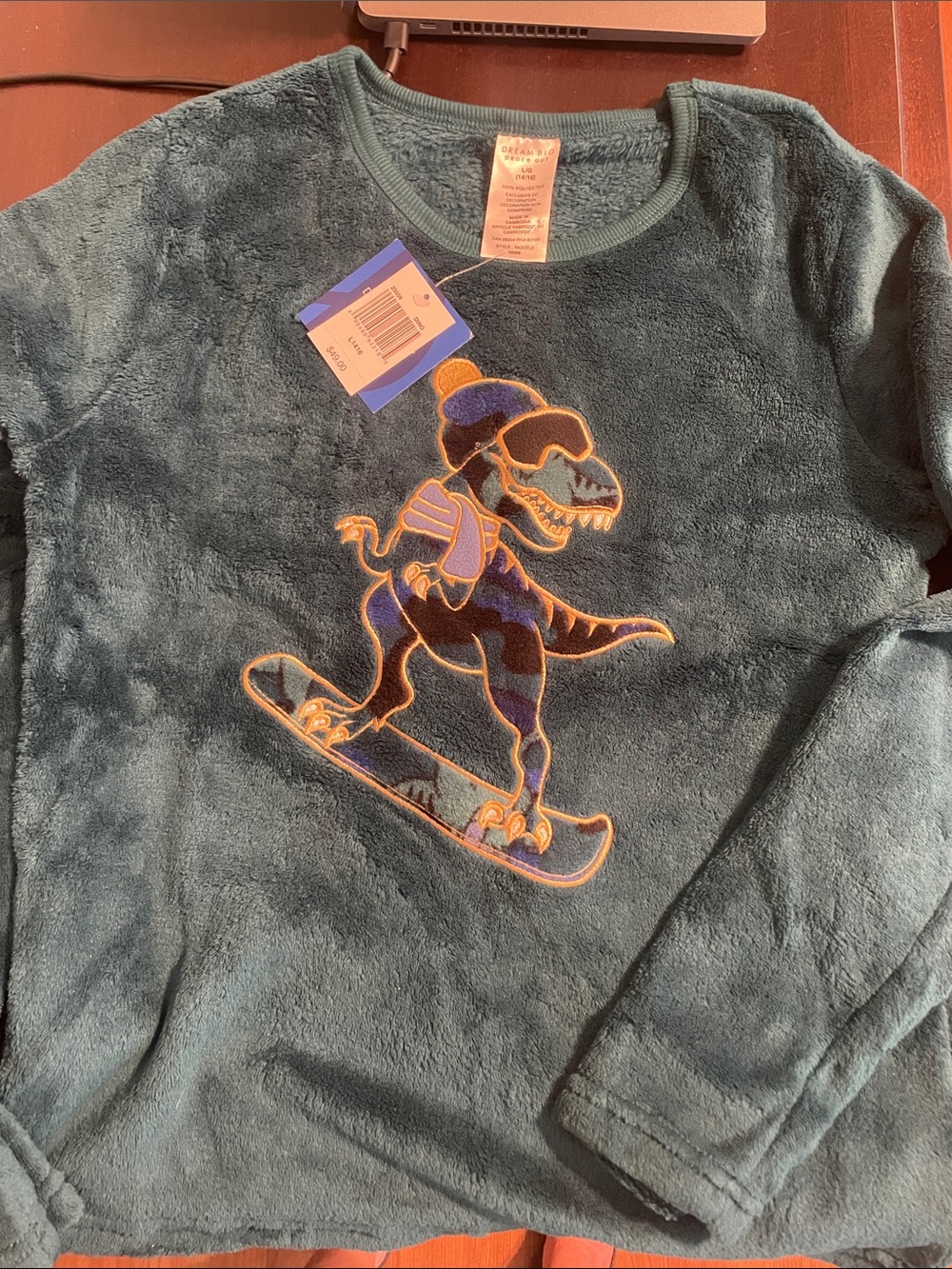 Kids Plush Long-Sleeve Top - Teal Dinosaur Snowboard Graphic